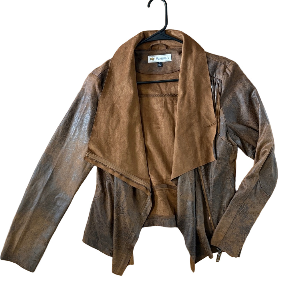 Montana Co. Brown Fringe Jacket Distressed Faux Leather Suede Medium Boho